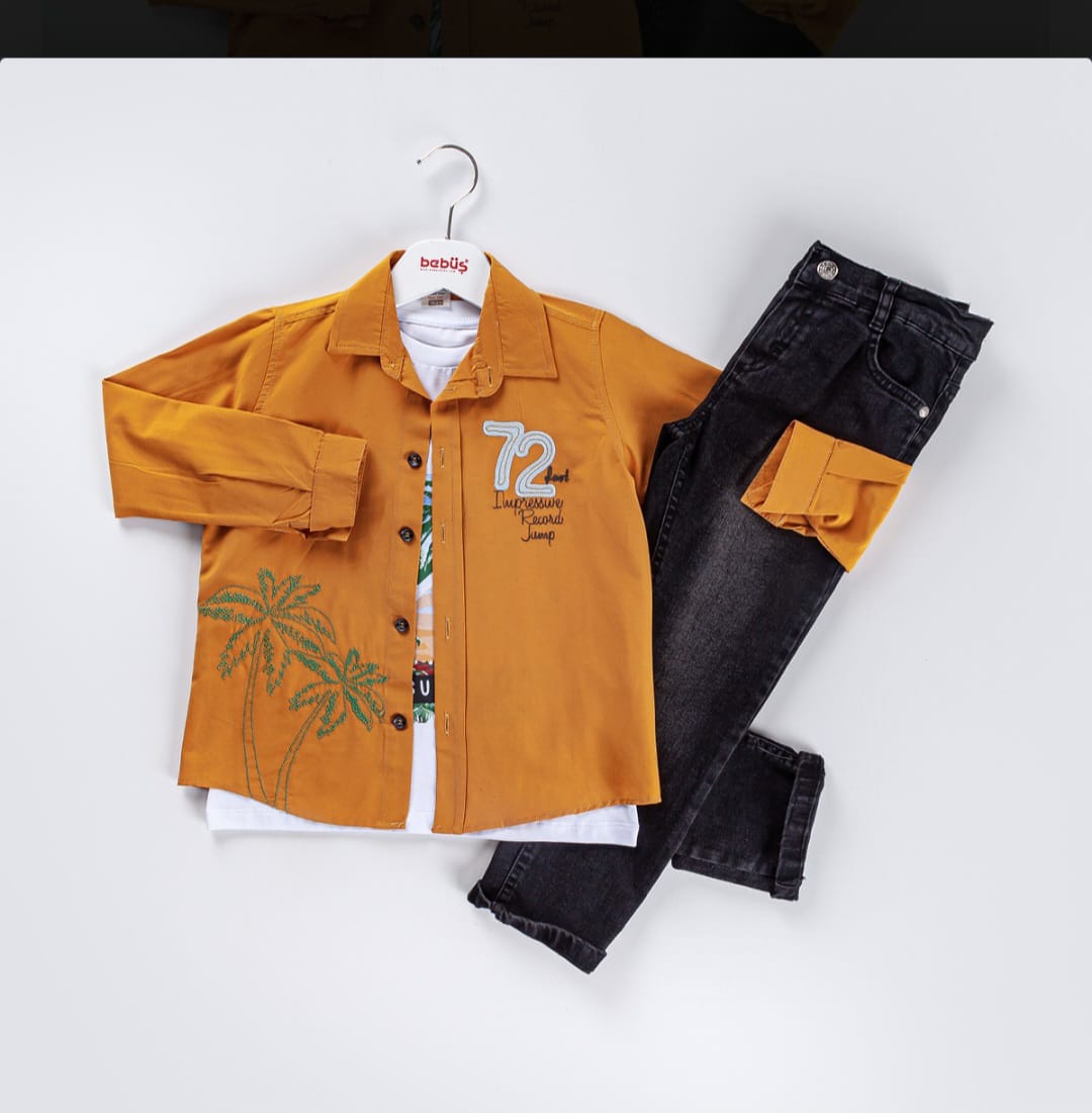 Boys Three Piece “72” Embroidered Shirt, T-Shirt & Jeans Set (6-9Y)